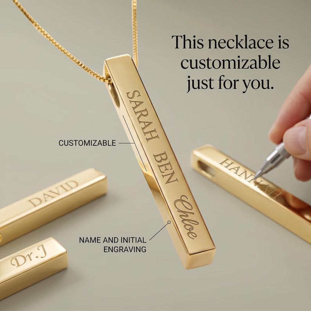 Gepersonaliseerde ketting met verticale staaf en voornaam | Gegraveerde hanger van roestvrij staal 
